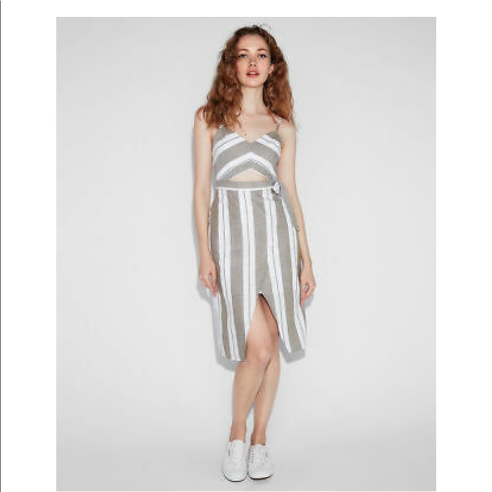 Express Striped Linen-Blend CutOut Wrap Midi Dress